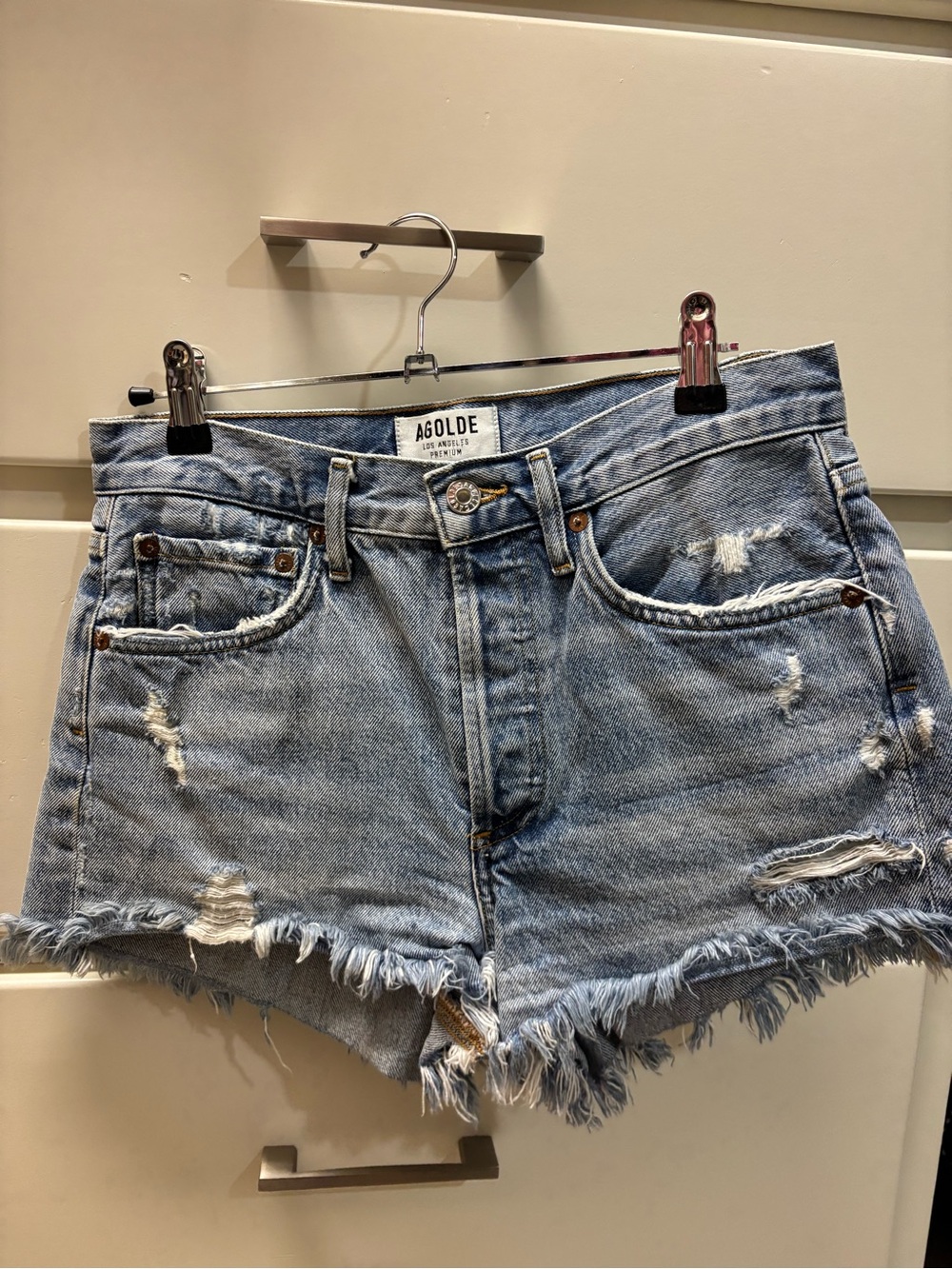 Agolde Light Blue Distressed Denim Cutoff Shorts